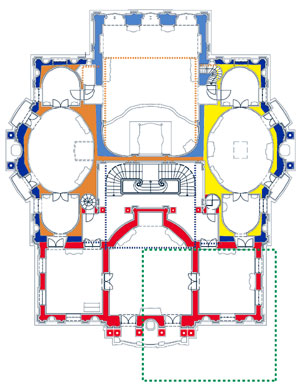 Picture: Plan of the main floor showing the building phases